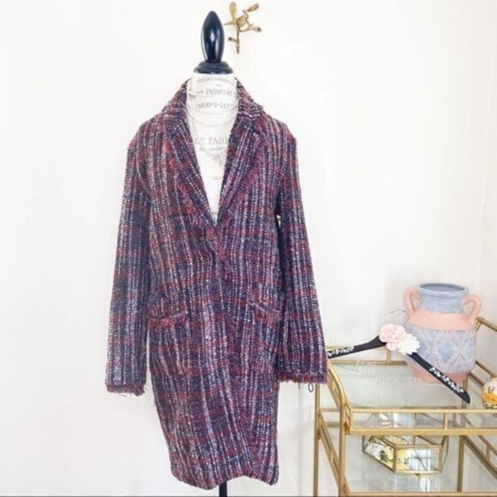 Bershka long tweed plaid open coat exposed…